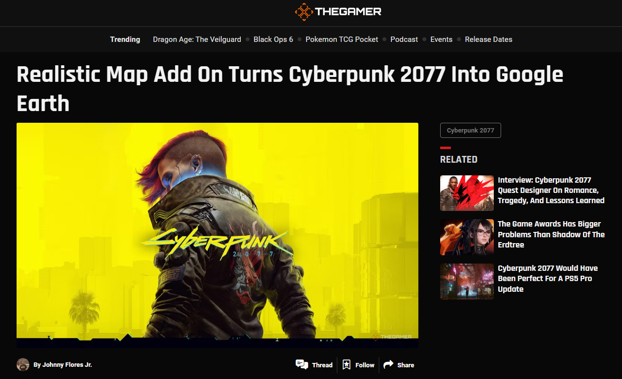 The Gamer article about about Cyberpunk 2077 Realistic Map mod